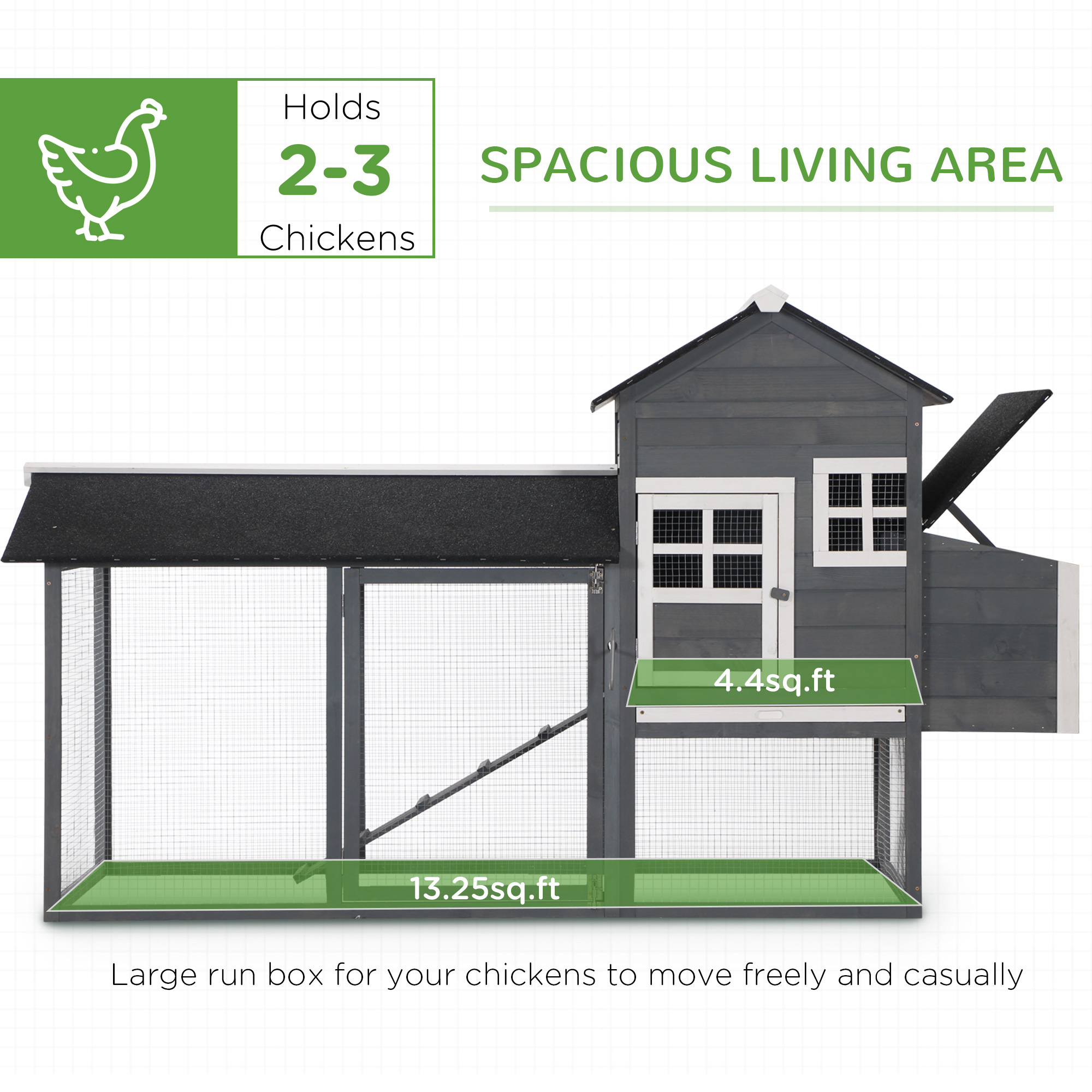 84" Wooden Chicken Coop, Hen House Outdoor with Run Nesting Box, Asphalt Roof, Removable Tray, Ramp, Poultry Cage for 2-3 Chickens, Gray — imagen 8
