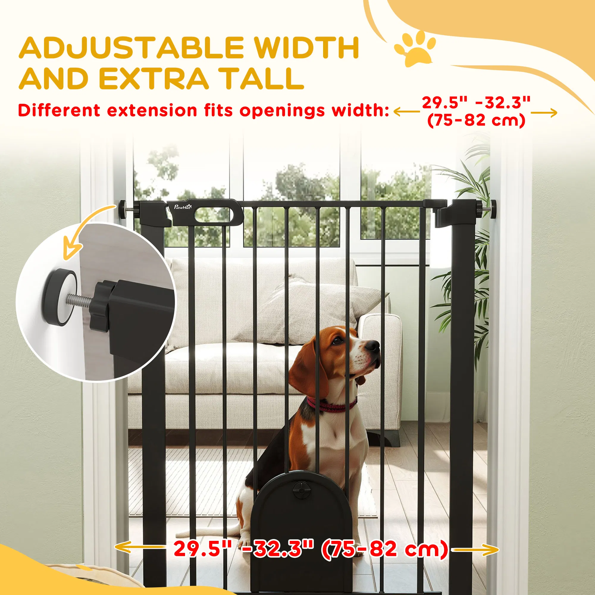 30"-32" Extra Wide Pet Gate Barrier with Small Door, 35"H Dog Gate with Safety Gate Barrier, Stair Pressure Fit, Black — image 6