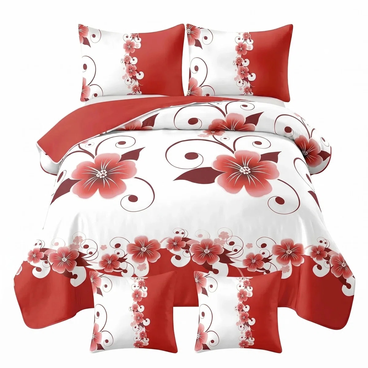 Set de Funda Nórdica de 5 Piezas, Ropa de Cama Floral Roja y Blanca, Funda para Edredón Botánica, Ropa de Cama Reversible de Alto GSM, Fundas de Almohada a Juego, Fundas de Cojín, Cierre de Cremallera Oculto, 4 Amarres en las Esquinas, Resistente a Mascot — imagen 1