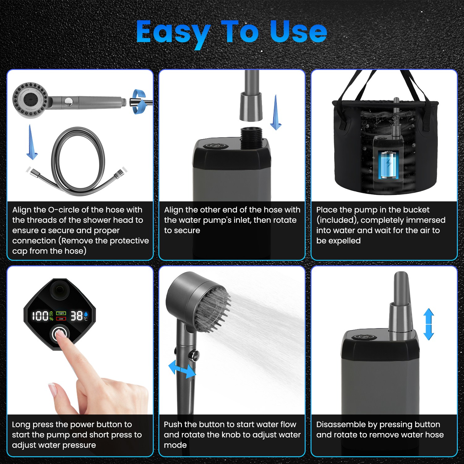 Ducha Portátil para Camping con Accesorios IPX7 Resistente a Agua 6000mAh Recargable Ducha con Cabezal Filtro Capacidad 5.3 Galones Bolsa de Almacenamiento Plegable para Caminatas Playas Viajes y Mascotas — imagen 4