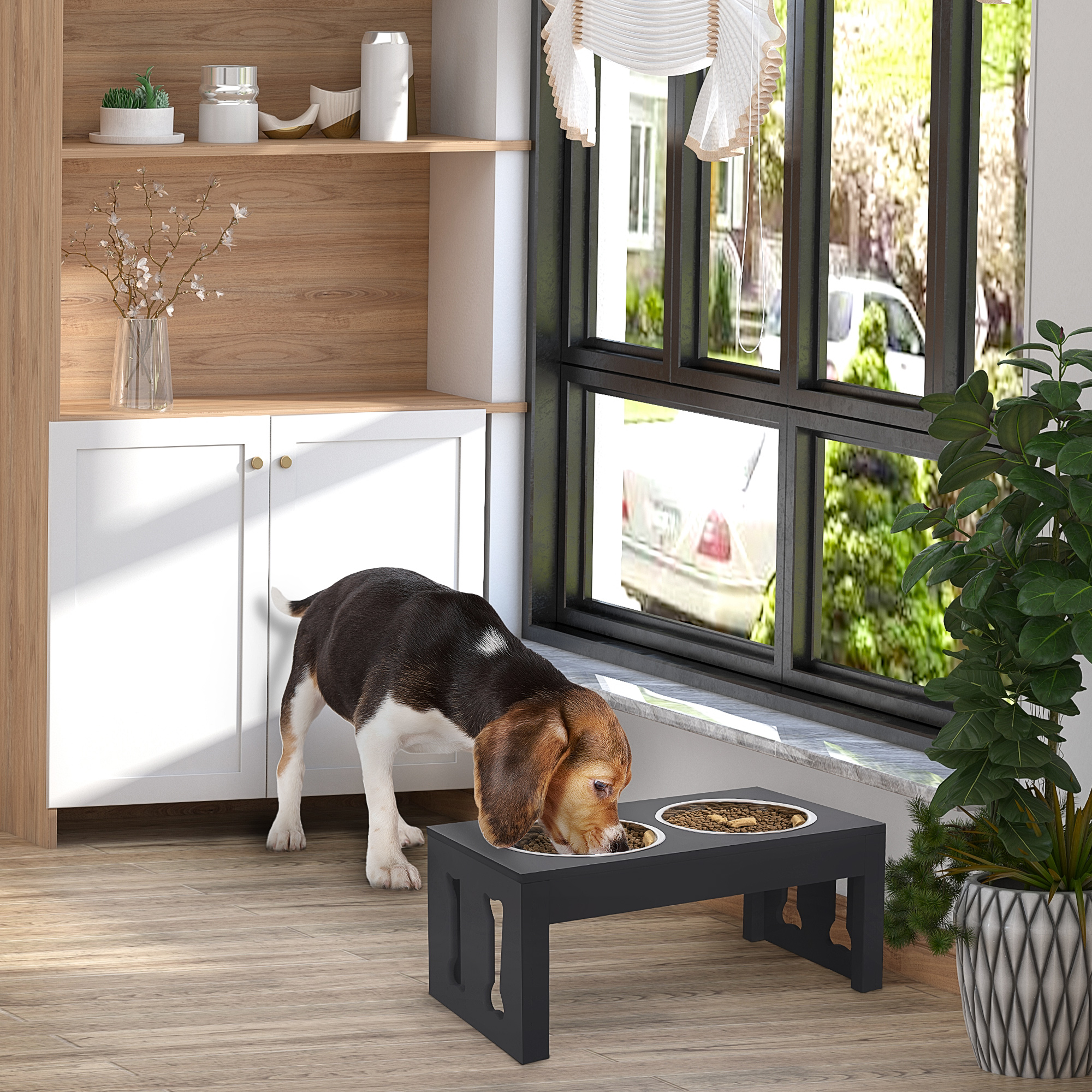 23" Modern Decorative Raised Dog Bowls, Wooden Heavy Duty Pet Food and Water Bowl, Elevated Feeding Station, Black — image 5
