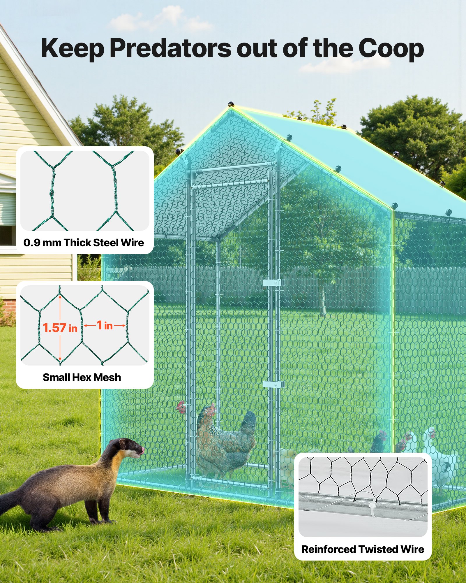 Casa de Pollos Metálica Grande, 6.6 x 3.3 x 6.6 Ft, Acceso Peatonal con Cubierta Impermeable y Estructura Rígida, Techo de Espiga para Pavo, Caja de Gallinas para Conejo, Ganso y Pavos en Patio Exterior Rural — imagen 5
