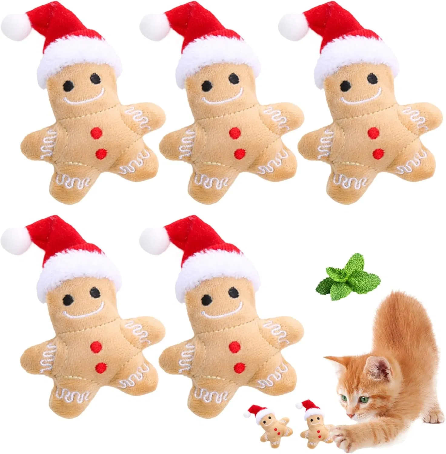 Catnip Toy, 5Pcs Gingerbread Man Plush Cat Chew Toy, Christmas Interactive Teething Cat Toy Cute Cotton Filled Soothing Cat — image 7