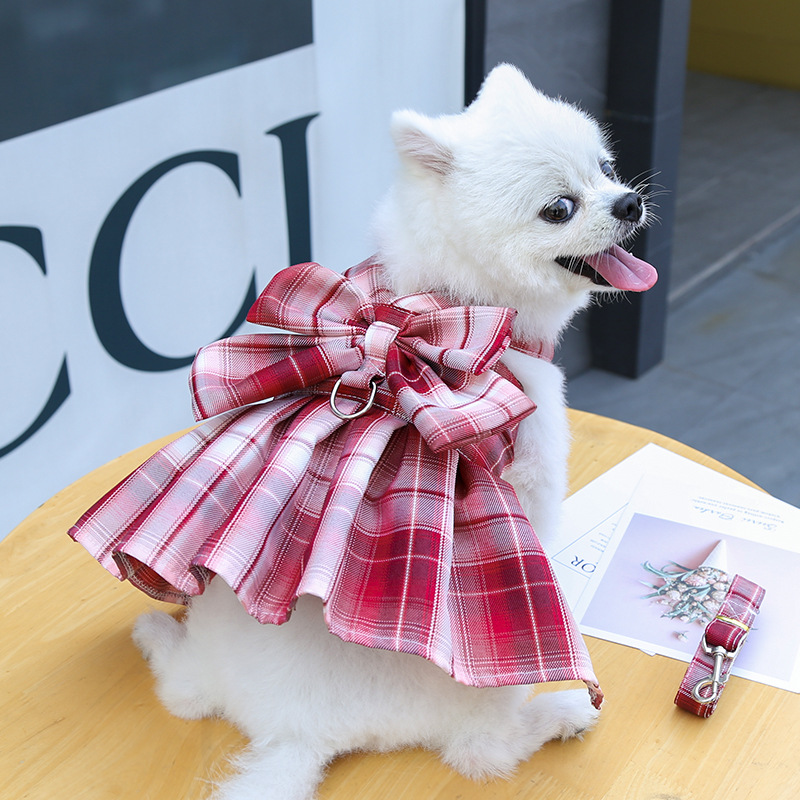 Ropa de Trazo para Perros con Estampado de Plaid, Cinturón de Pecho con Correa y Faldita para Salir — imagen 1