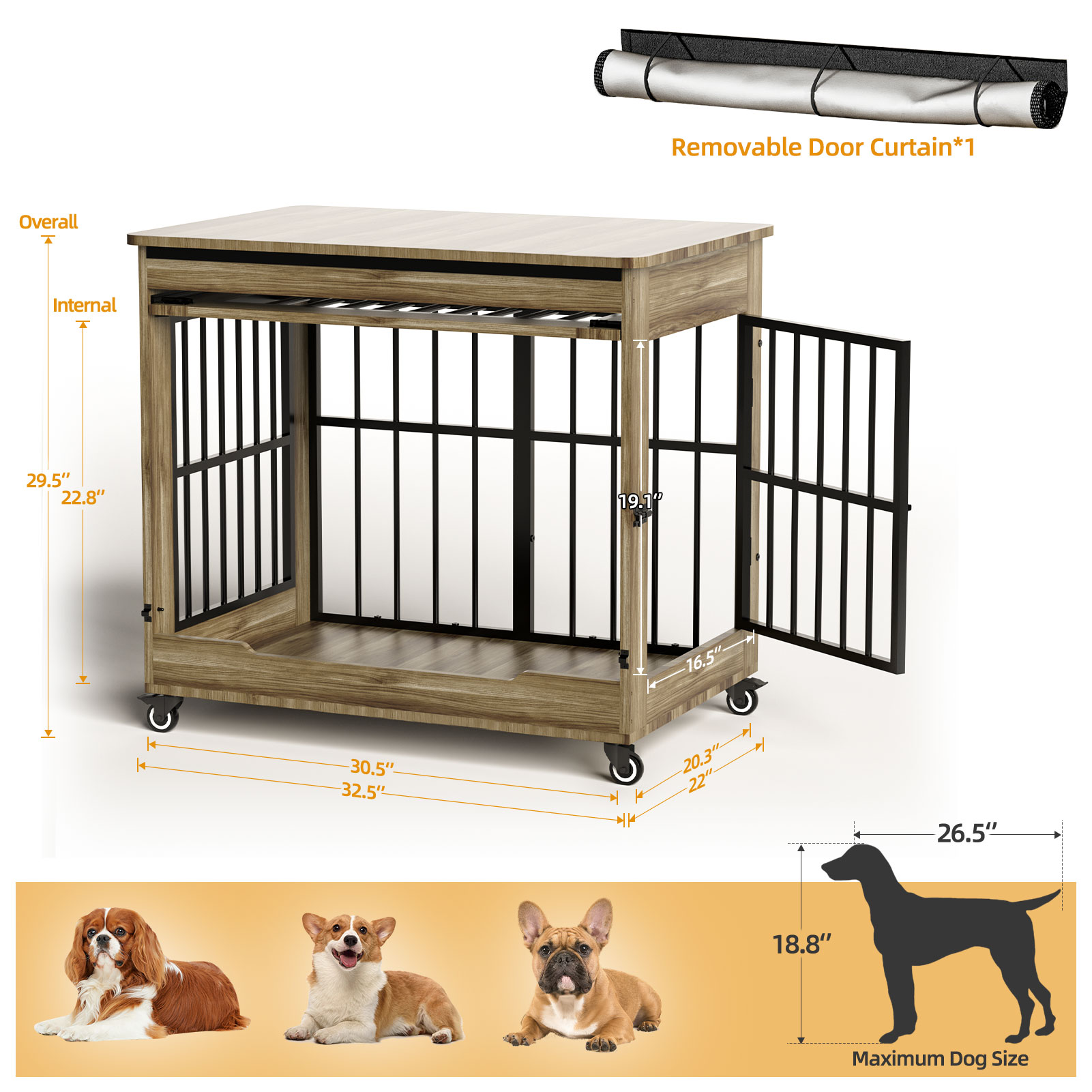 Dog Crate Furniture, Double Door Wooden Indoor Dog Kennel Furniture, Decorative Pet Cage End Table With Wheels For Medium And Small Breed Dogs, Size M, Greige — image 28