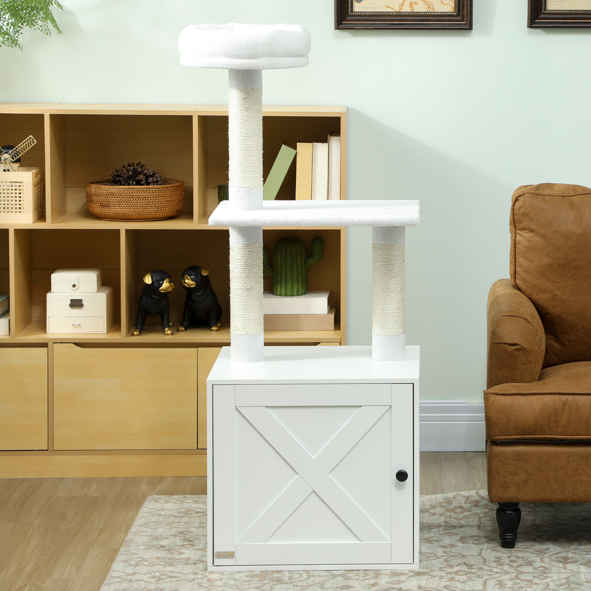Árbol para Gatos con Encierro de Lecho, Postes de Rasguñar, Cama y Plataformas de Escalada para Gatos Domésticos, Blanco — imagen 7