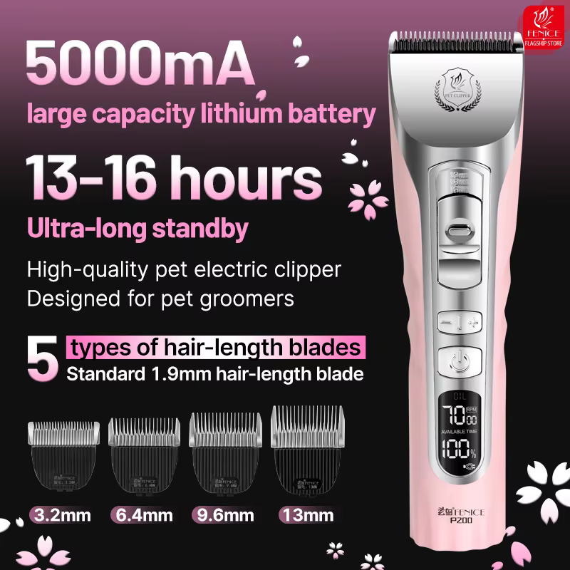 Fenice Sakura Pink Dog Hair Cutting Machine 5000mA Capacity Cordless LCD Screen Pet Dog Grooming Clipper Rechargeable Shaver Set — image 1