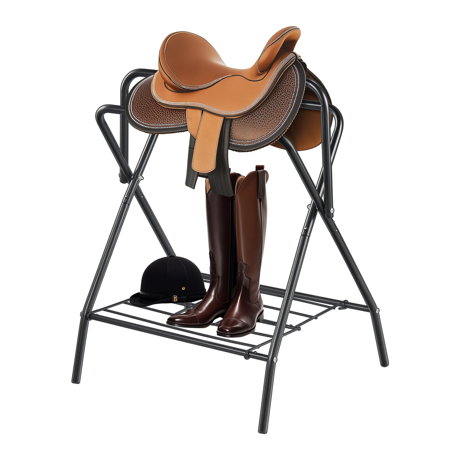 Estacador de Silla de Equitación Plegable, 28 x 19 x 37.5 Pulgadas, Soporte para Sillas de Caballo Independiente, Porta Chaquetas de Caballo Portátil, Estacador de Acero Pesado para Sillas Inglés y Occidentales, Almacenamiento de Equipo Táctico, Negro