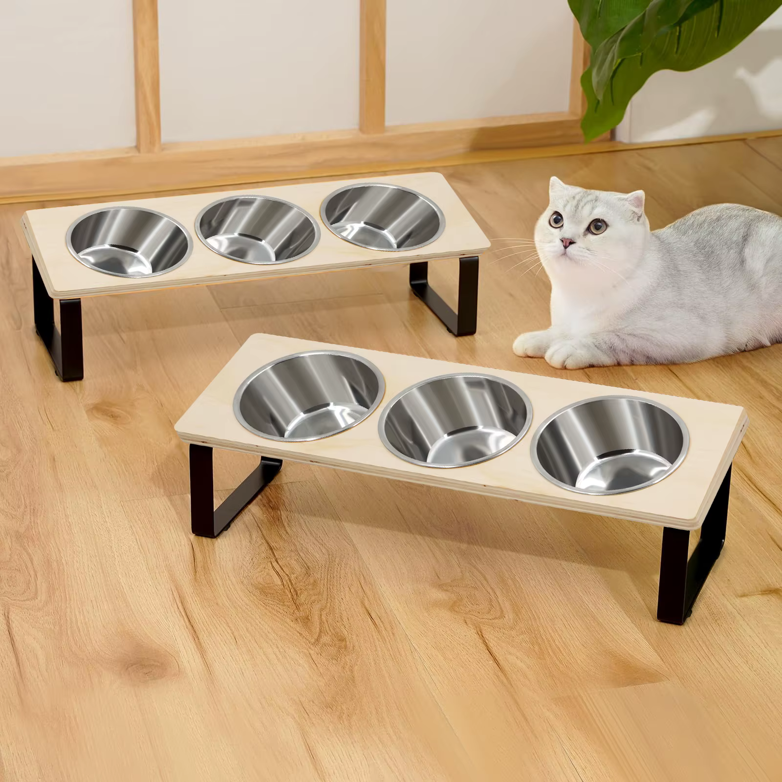 Comederos Elevados para Gatos con Pendiente 15° Suministros de Alimentación y Agua para Mascotas 3 Comederos de Acero Inoxidable con Soporte — imagen 5