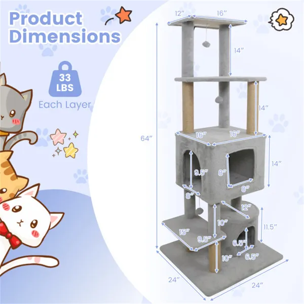 Torre para Gatos Gris Claro de 64" con Perchas de Peluche y 3 Bolas Colgantes, Postes Rascadores de Yute y Dispositivo Antivuelco para Hogares con Varios Gatos — imagen 3