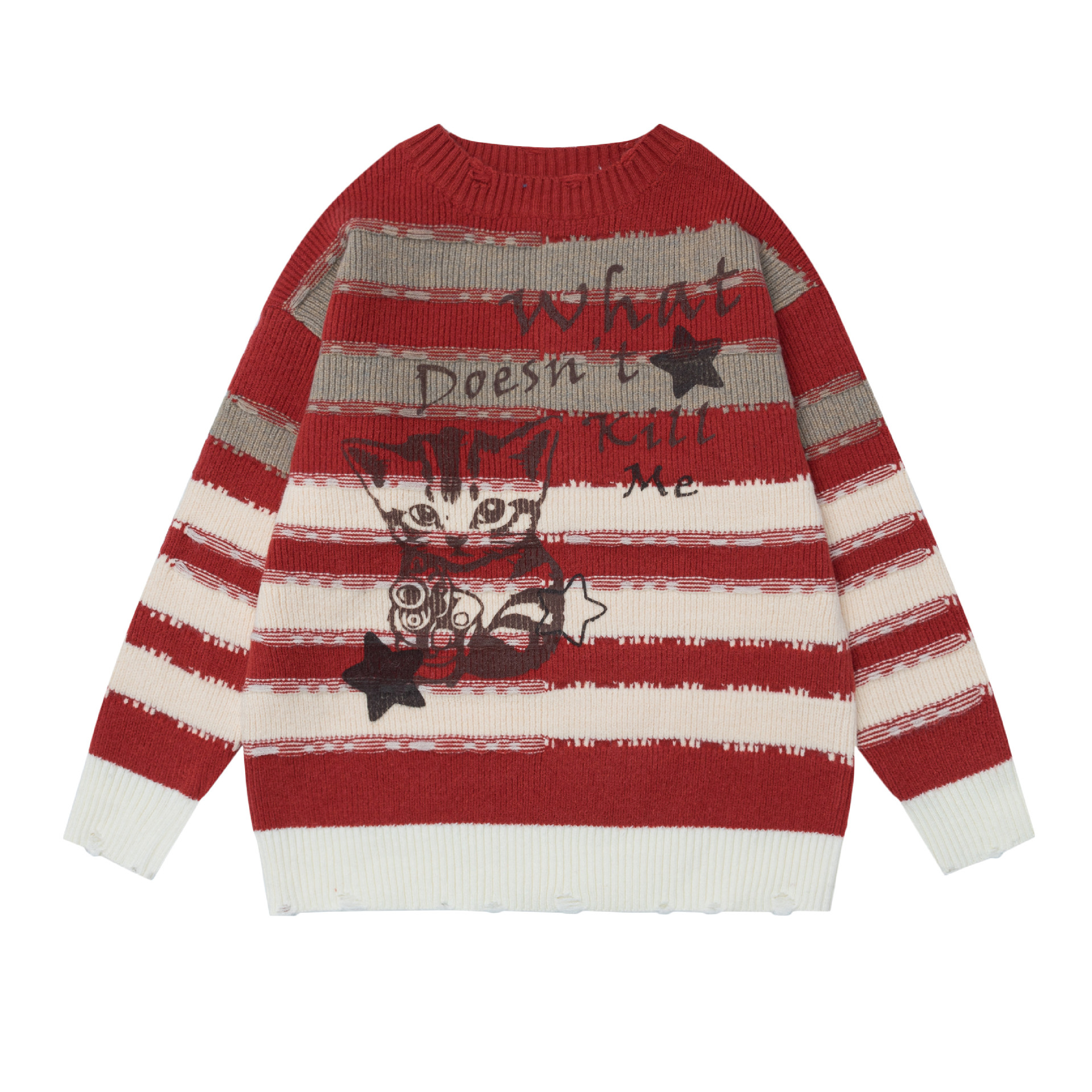 Striped hand-painted cat round neck sweater — image 1
