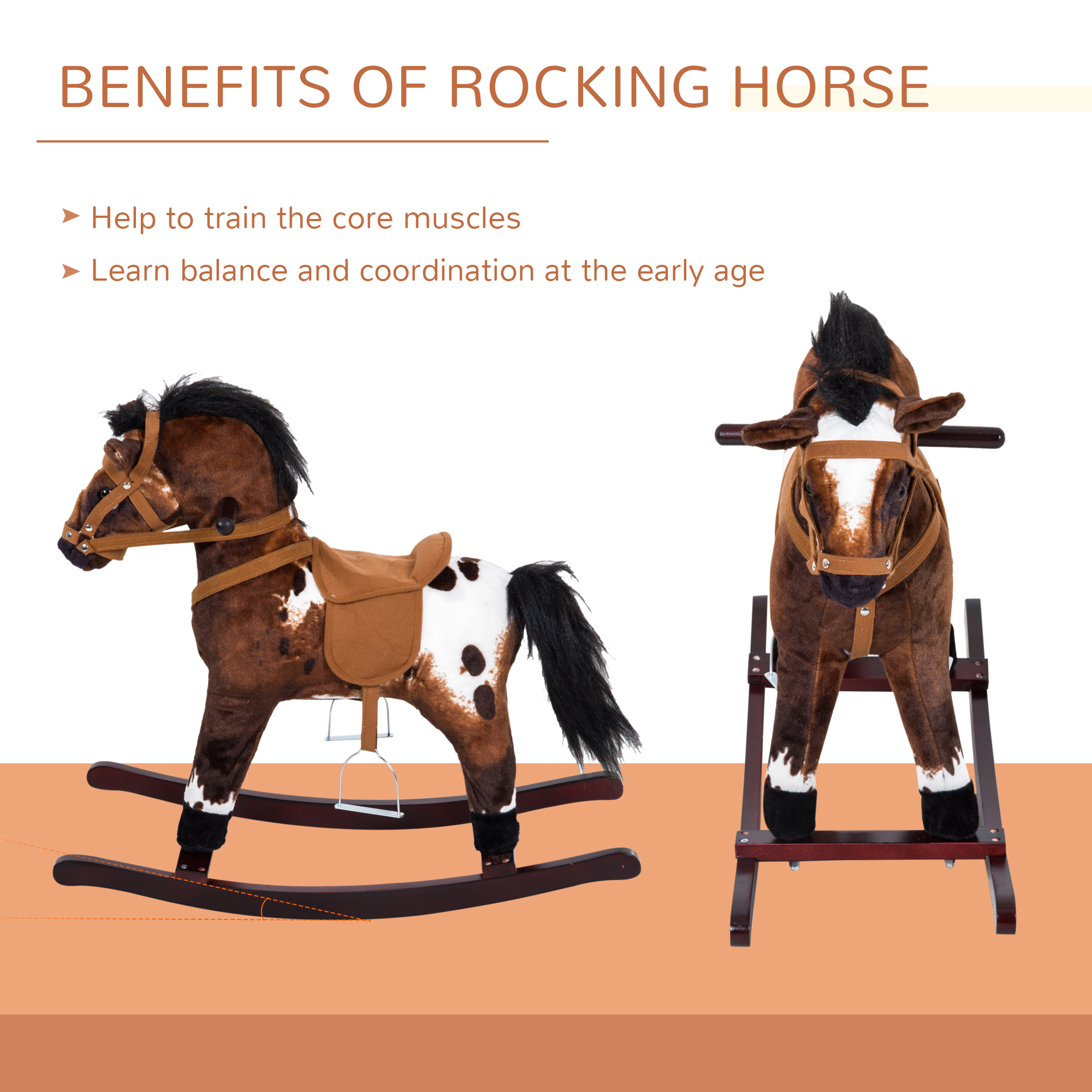 Kids Wooden Plush Ride-On Rocking Horse Chair Toy With Realistic Sounds Dark Brown/White — imagen 2