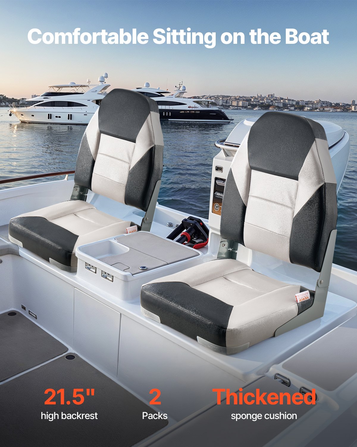 Boat Seat, High Backrest, Folding Fishing Boat Seat With Thickened Sponge Cushion & Waterproof PVC Leather, Aluminum Alloy Hinges, Flip Up Boat Seat For Boats, Yachts, Ships, Black & Grey — imagen 2