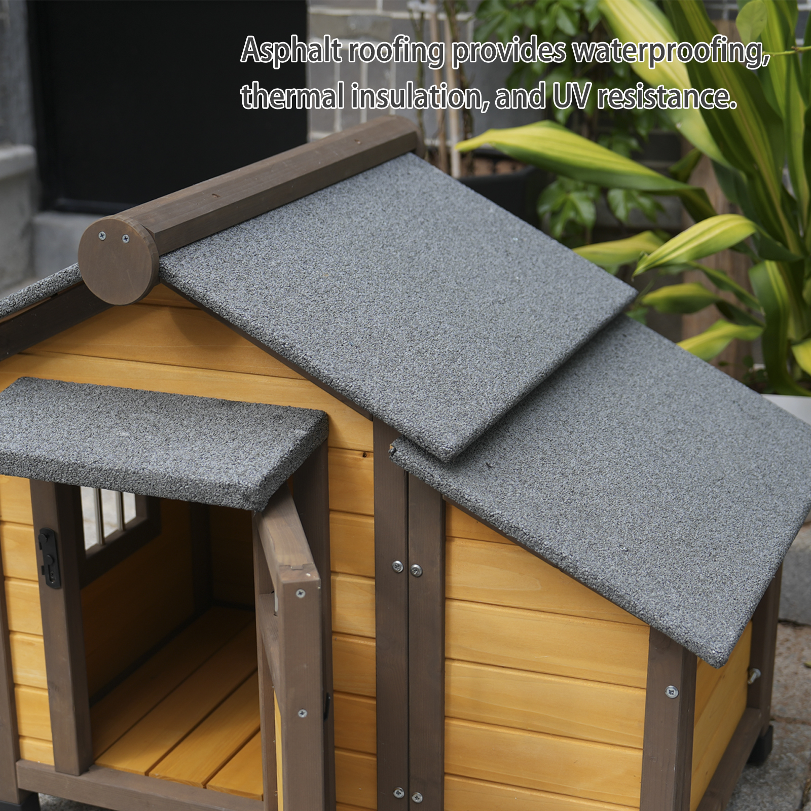 Solid Wood Dog House, Cozy Outdoor Shelter For Medium & Small Dogs With Lockable Ventilated Door, Waterproof Insulated Felt Roof & Charming Design — image 4