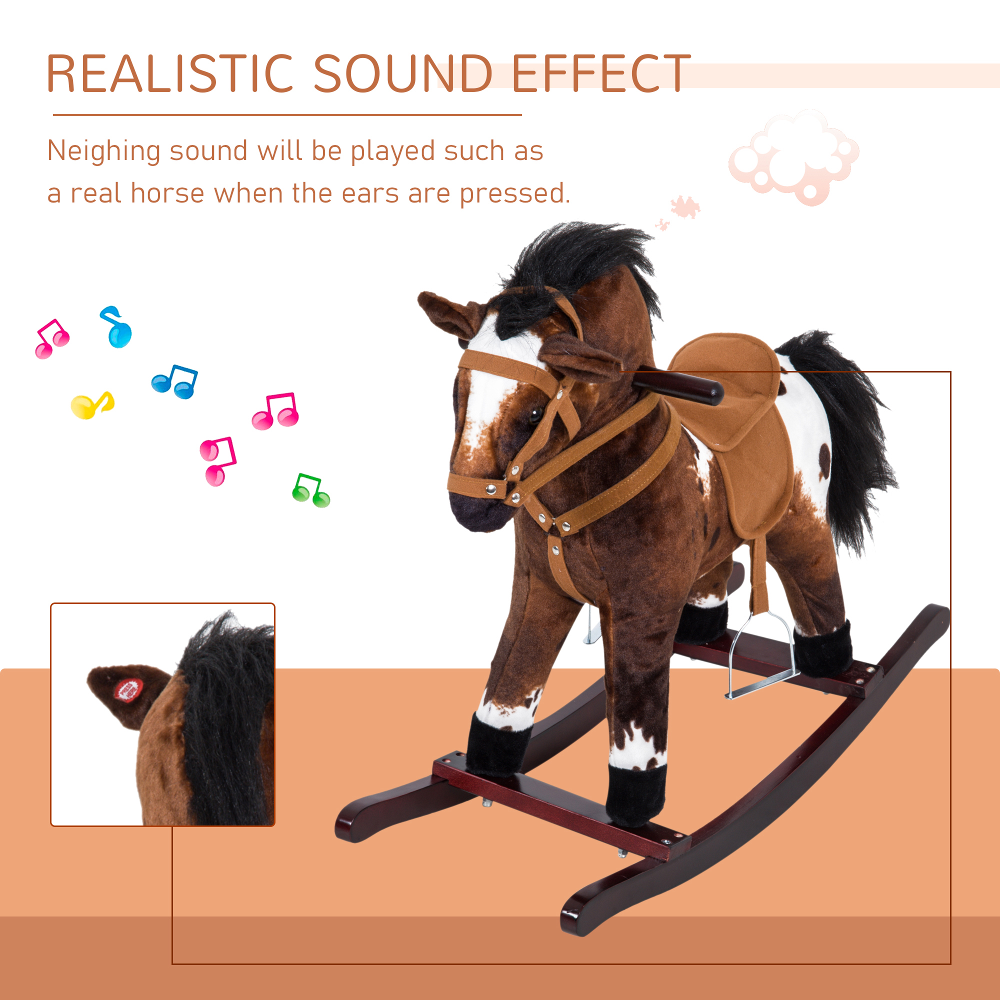 Caballo de Madera Plush para Niños con Sonidos Realistas, Marrón Oscuro/Blanco — imagen 4