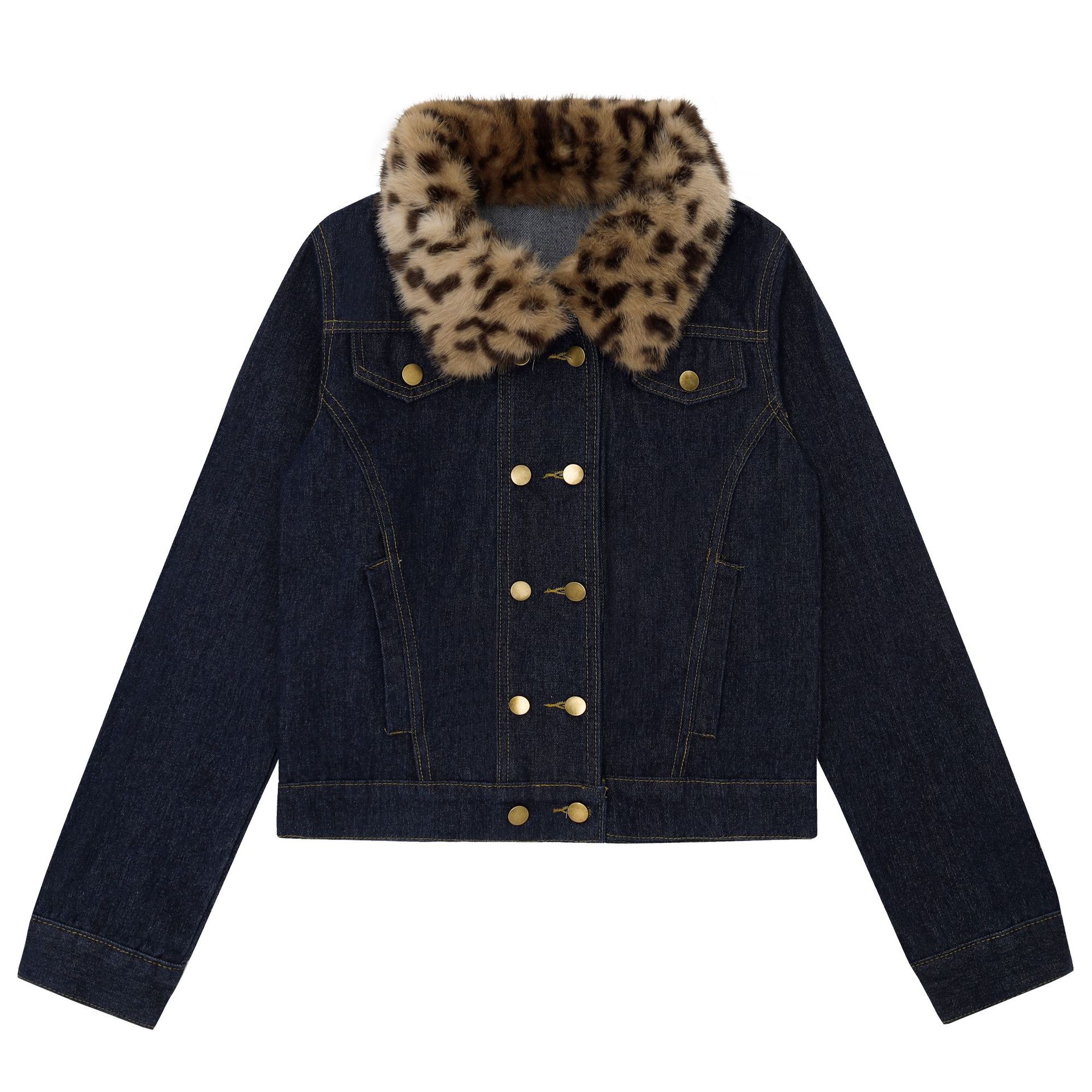Women's Raw Indigo Denim Jacket Double-Breasted Stand Collar Detachable Leopard Print Fur Collar Petite Friendly — image 1