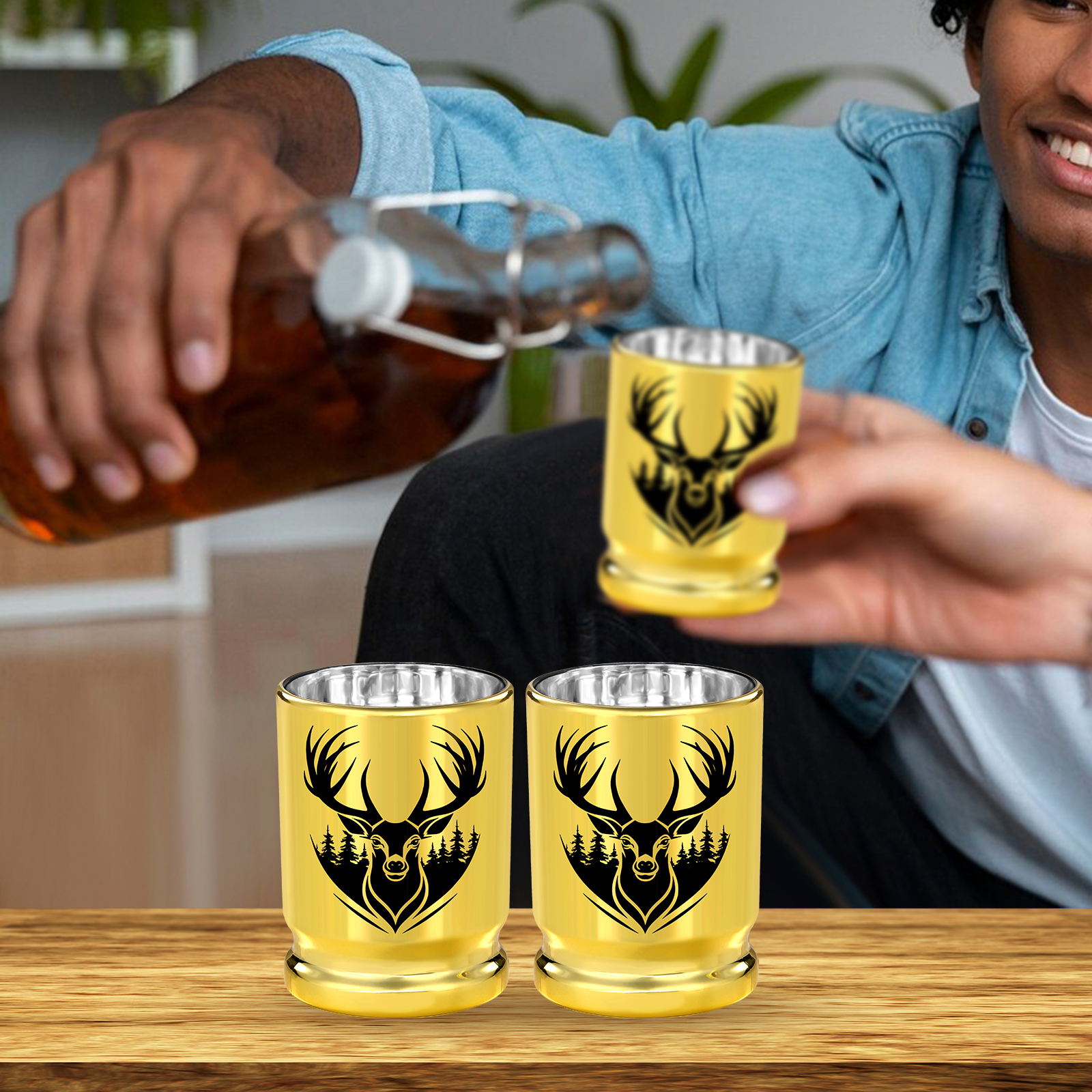 2pcs 50 Caliber Deer Head Golden Plastic Wine Glasses With Gift Box - Leak Proof, Reusable - Stylish Animal Print Design, Suitable For Whiskey, Tequila, Etc — image 8