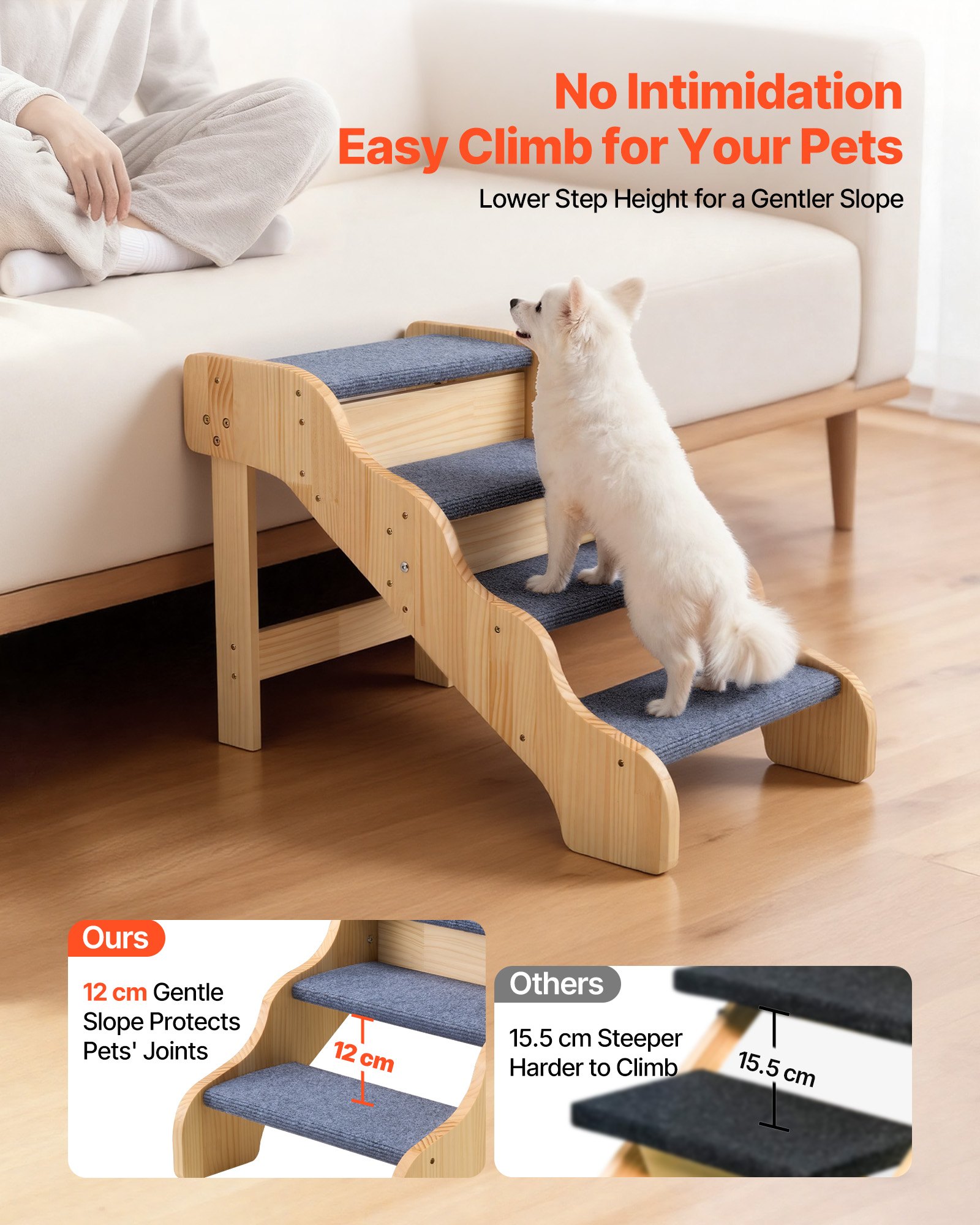 Escaleras de Madera para Mascotas, 4 Peldaños para Camas Altas, Sofás y Coches, Capacidad de Carga 150lbs, Superficie Antideslizante, Escalera Segura para Gatos y Perros Pequeños, Medianos y Grandes — imagen 3