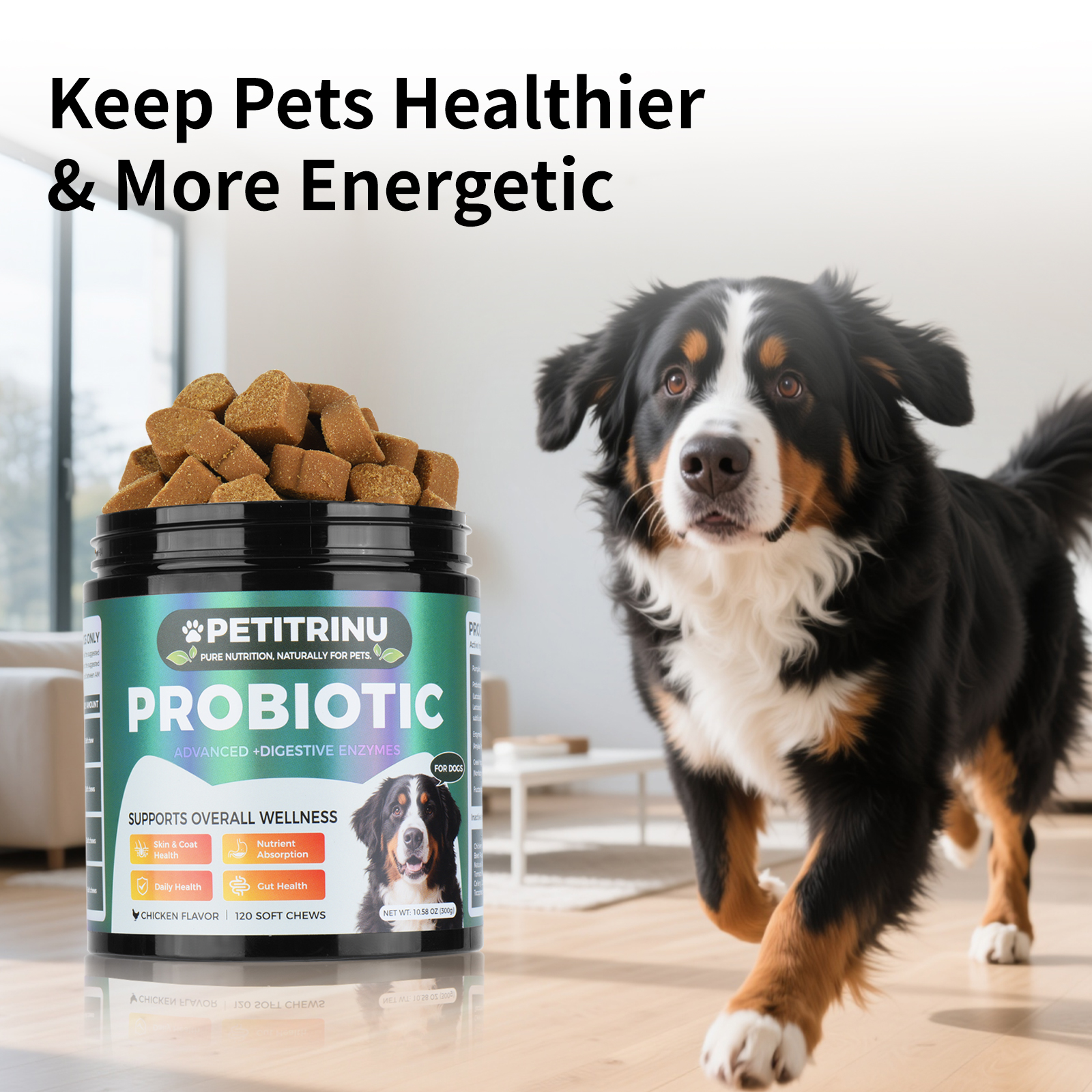 Suplemento Completo de Probióticos y Enzimas Digestivas para Perros, 120 Bocados Suaves Sabor Pollo, Apoya Piel y Pelaje, Absorción de Nutrientes y Salud Intestinal — imagen 1