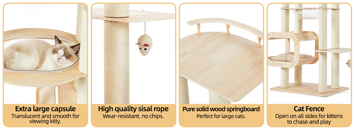 Heavy-Duty No-Drill Large Cat Tree-Solid Wood, 5-Story Multi-Column Cat Tower, 80.4in For Large Spaces & Multi-Cat Households, Open Condo, Space Capsule, Bed, Durable Indoor Pet Furniture — image 5