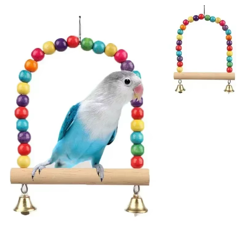 Juguetes de Colgar para Pájaros - Oscilador de Madera con Campanas y Anillos Acrílicos para Comida y Entretenimiento — imagen 1