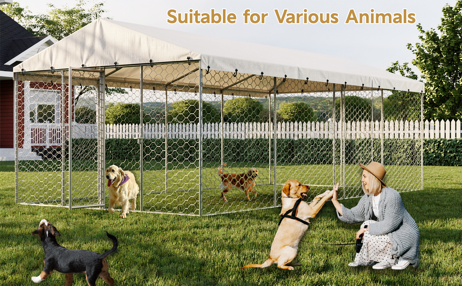 Casa de Perro Al Aire Libre Grande con Techo, Estructura de Acero Galvanizado Resistente, Cubierta Impermeable, Protección Toda el Tiempo, Jaula Segura para Perros Grandes, Multiple Animales — imagen 8