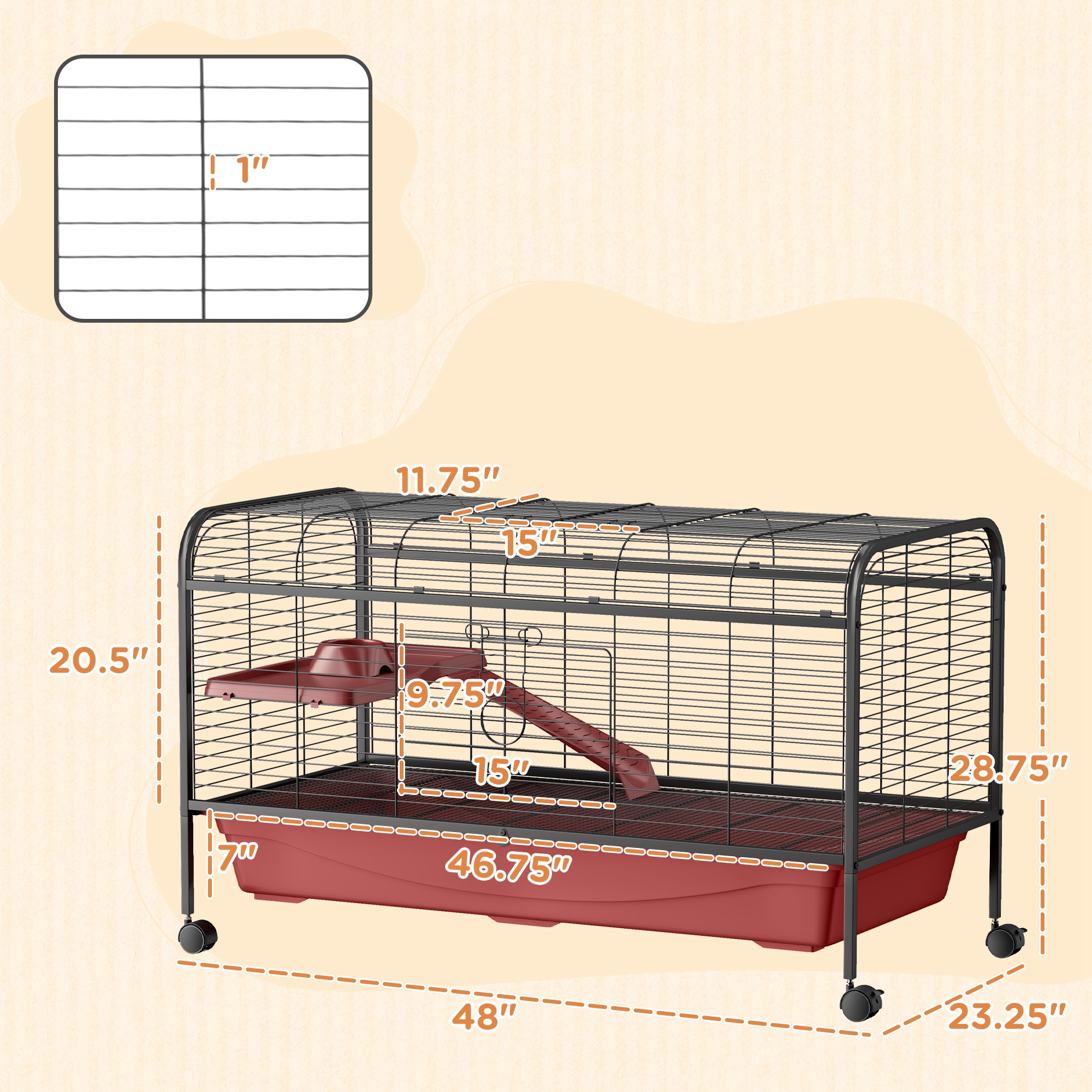 48" L Small Animal Cage, Pet Play House For Rabbit Hutch Or Ferret With Feeder, Rolling Wheels, Platform, Ramp — imagen 3