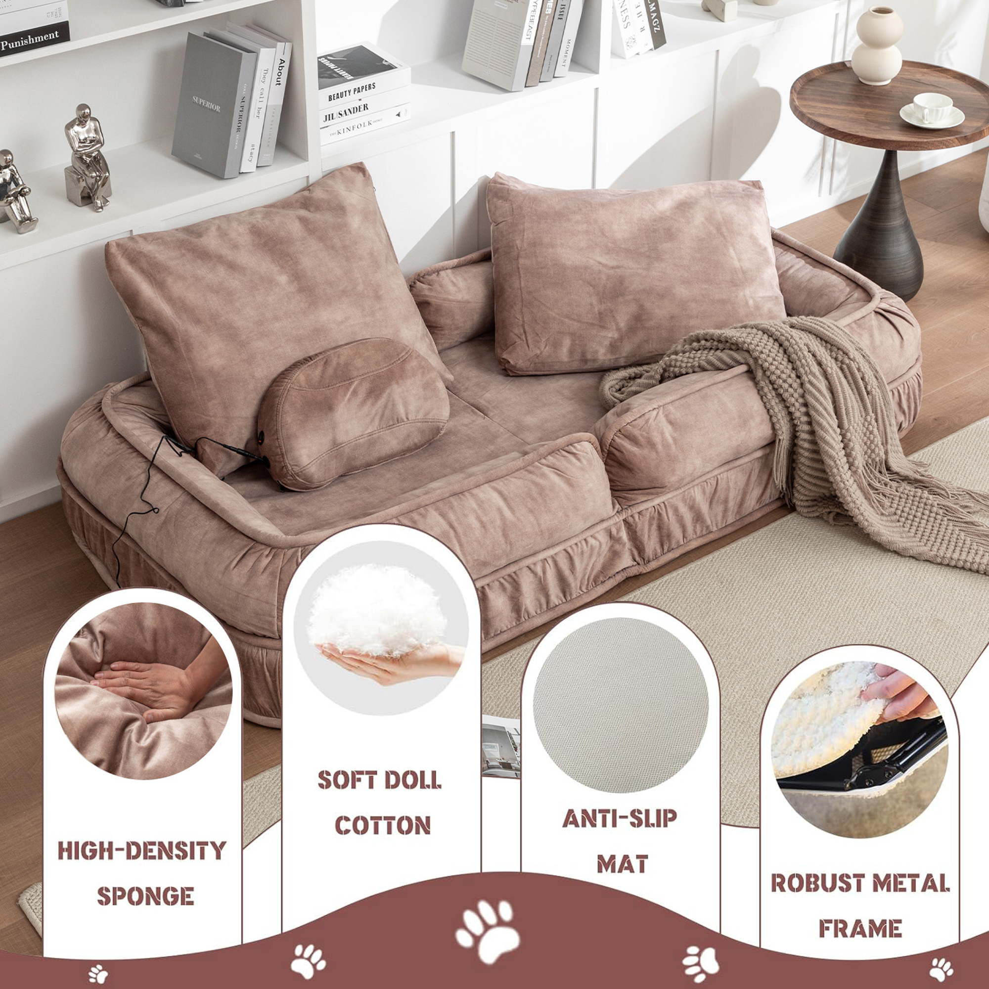 Upholstered Human Dog Bed for Adult & Pets, with 5 Adjustable Position & Massage Pillow, Bean Bag floor sofa with 2 Soft Pillows — image 4
