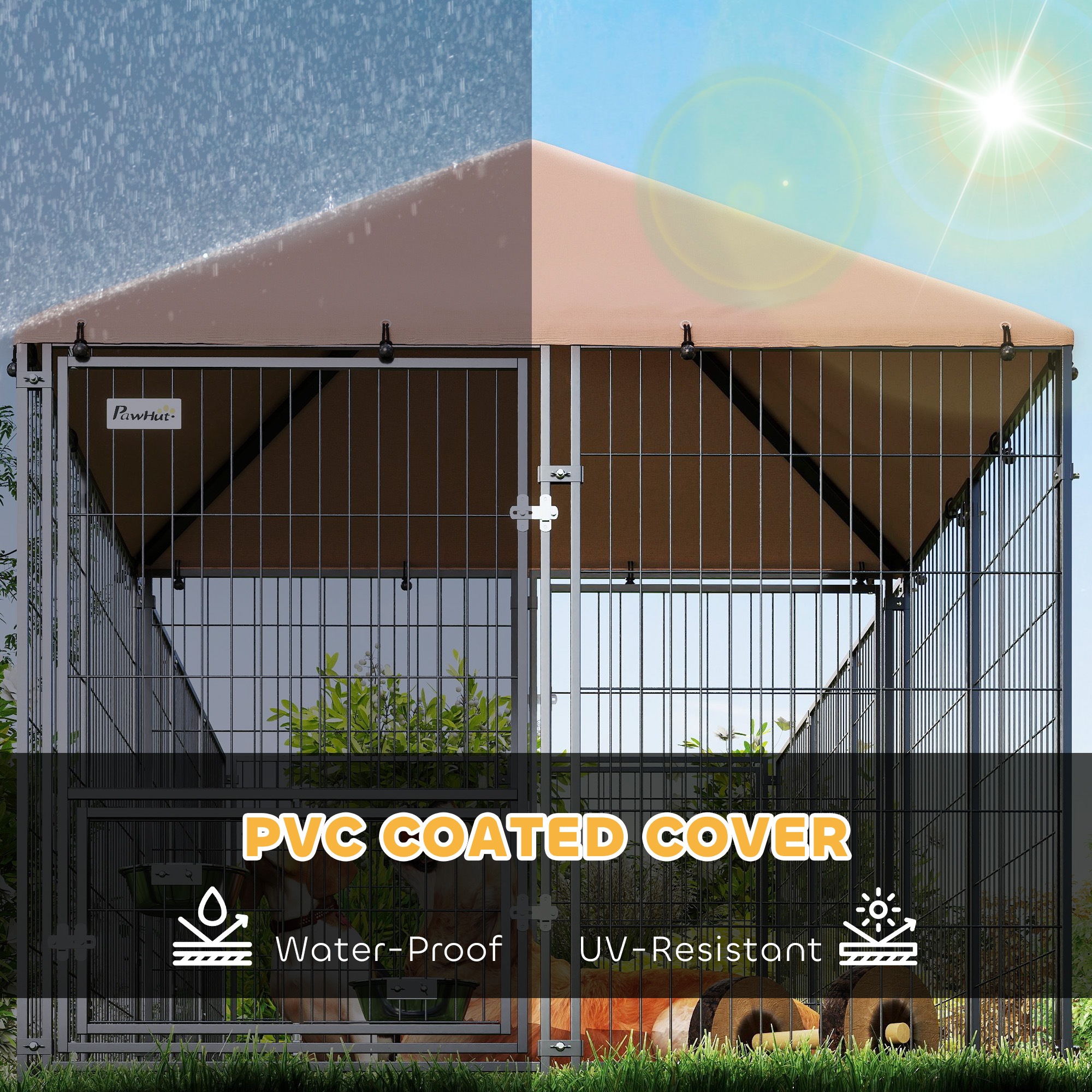Large Outdoor Dog Kennel With Rotating & Adjustable Height Bowls, Waterproof & UV-Resistant Canopy, 11.3' X 4.7' X 5.1' — imagen 3