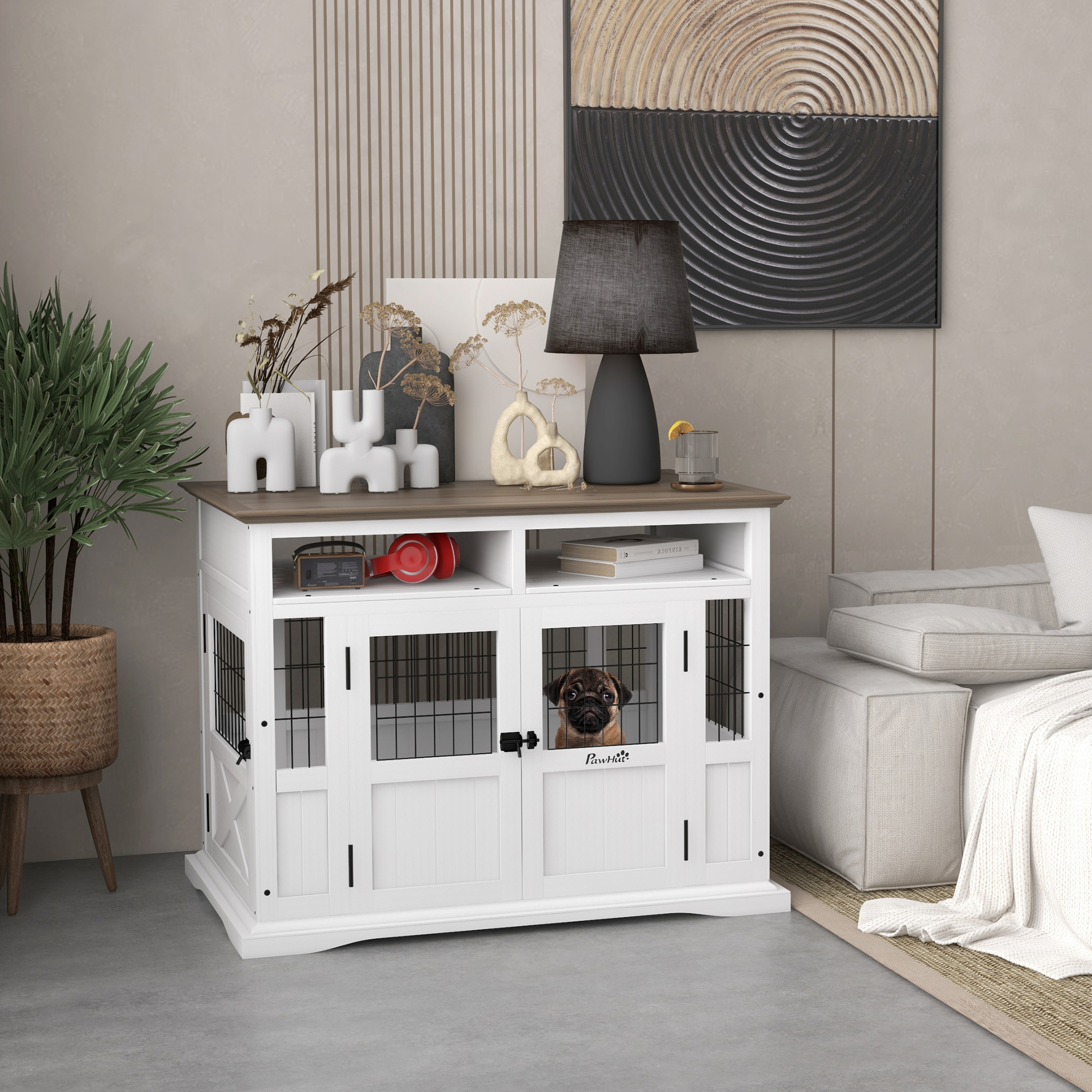 Mueble de Comida para Perros con Almacenamiento, Puertas Dobles y Acceso Lateral para Canes Pequeños y Medianos, Blanco — imagen 2