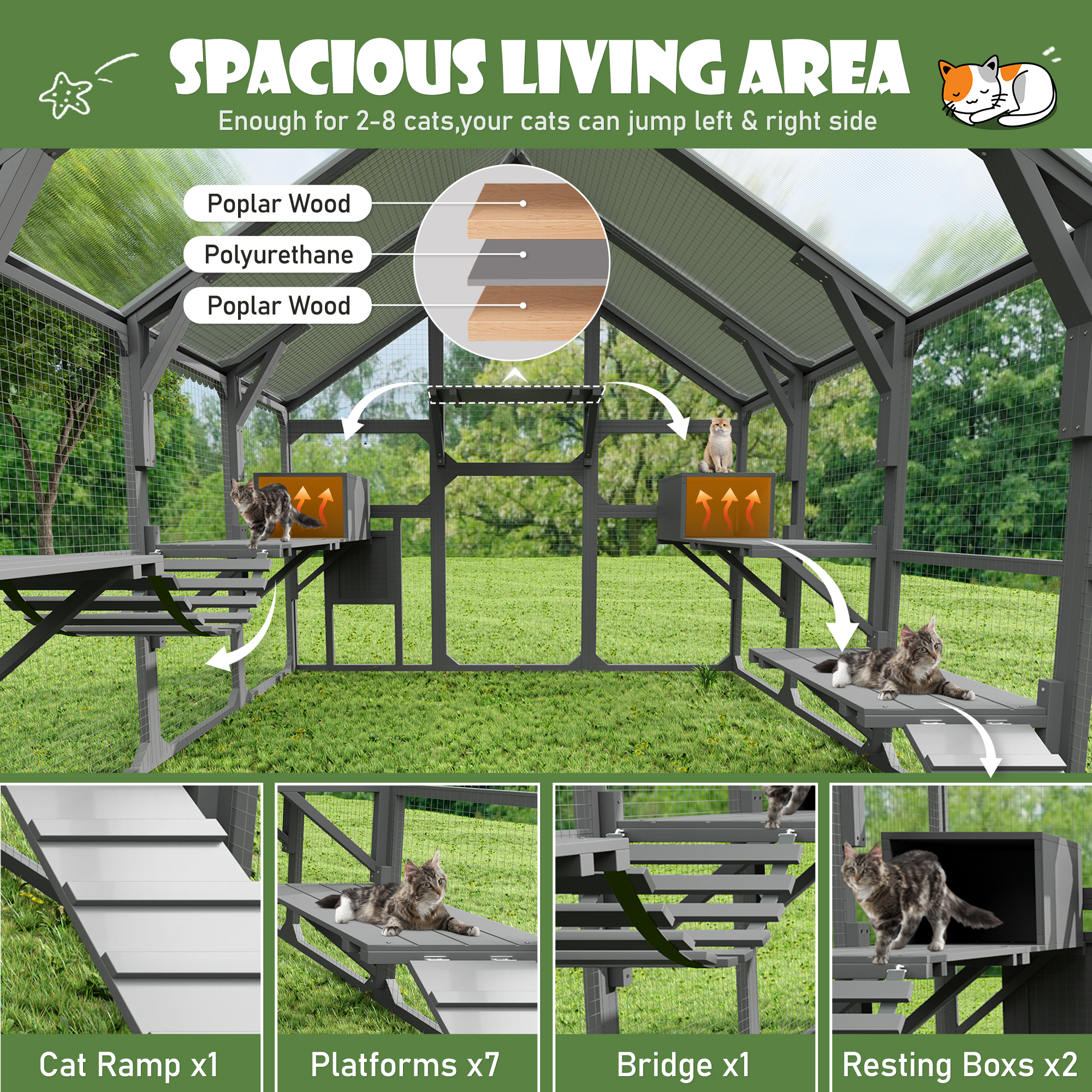 Catio Grande para Gatos Múltiples al Aire Libre - Casa de Madera con 7 Plataformas y Accesorios para Mascotas Seguras — imagen 2