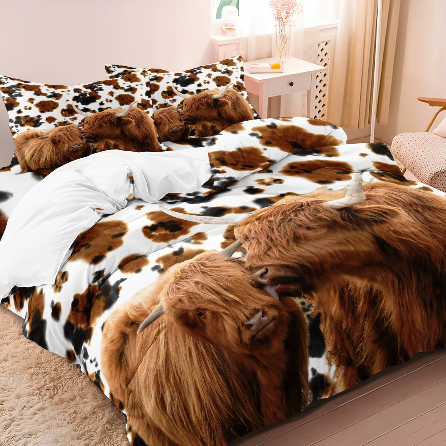 3Pcs Highland Cow Animal Print Pattern Soft Bedding Set Included 1 Duvet Cover & 2 Pillowcases For All-Season Home Dorm Decor
