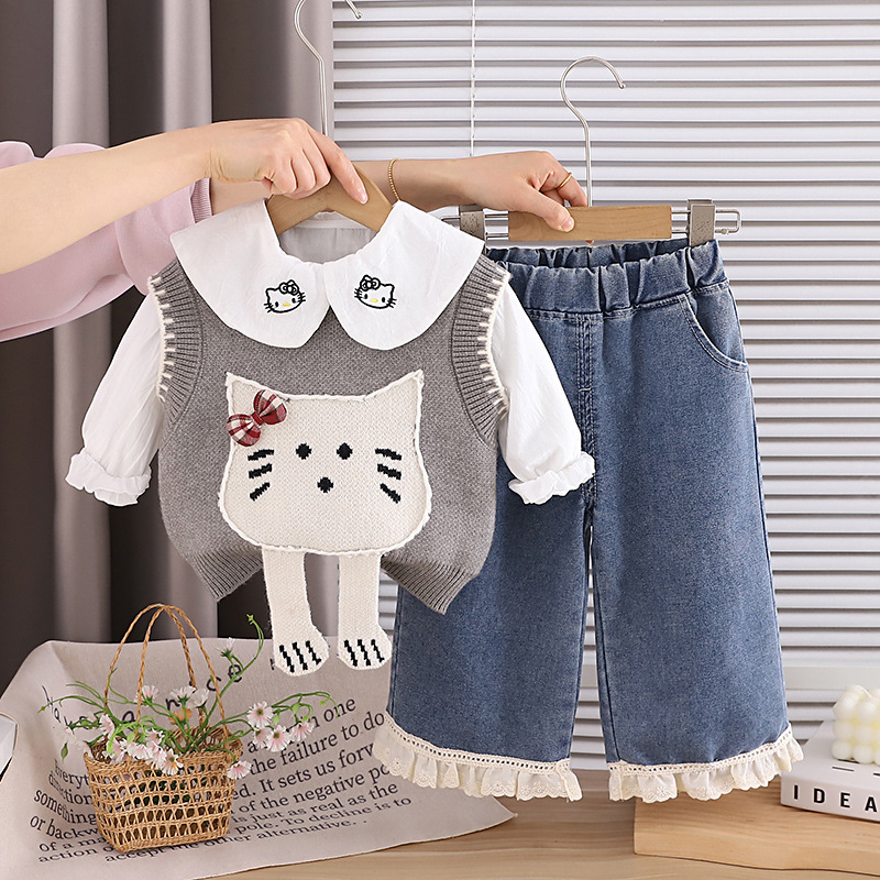 Girls Cat Pattern Sweater Vest Shirt Pants Set — image 4