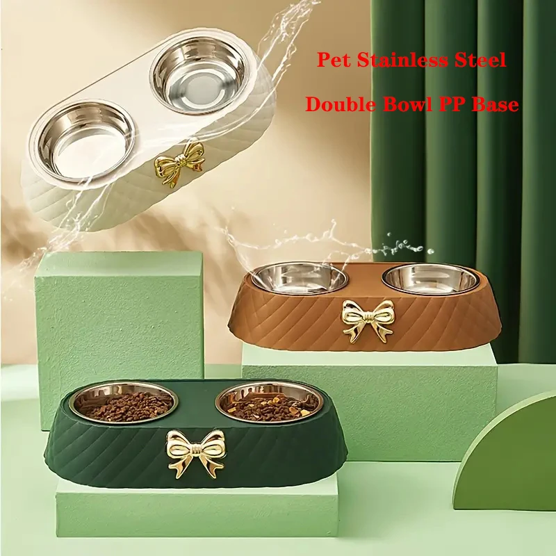 Pet Supplies Bow-tie Bowknot Cats Food Bowl PP Base Dog Bowl Stainless Steel Double Pet Accessories Feeding Drinking Double Bowl — image 2