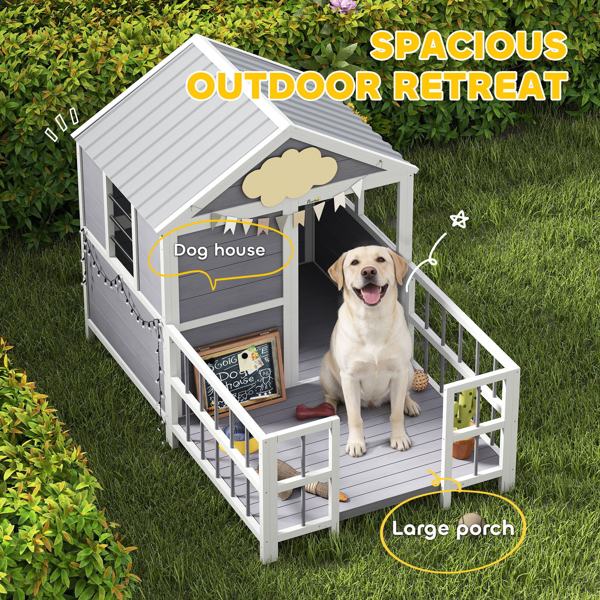 Casa de Perro Exterior, 61"L Casa de Madera para Perros con Porche, Techo Impermeable, Base Elevada y Ventilación — imagen 5
