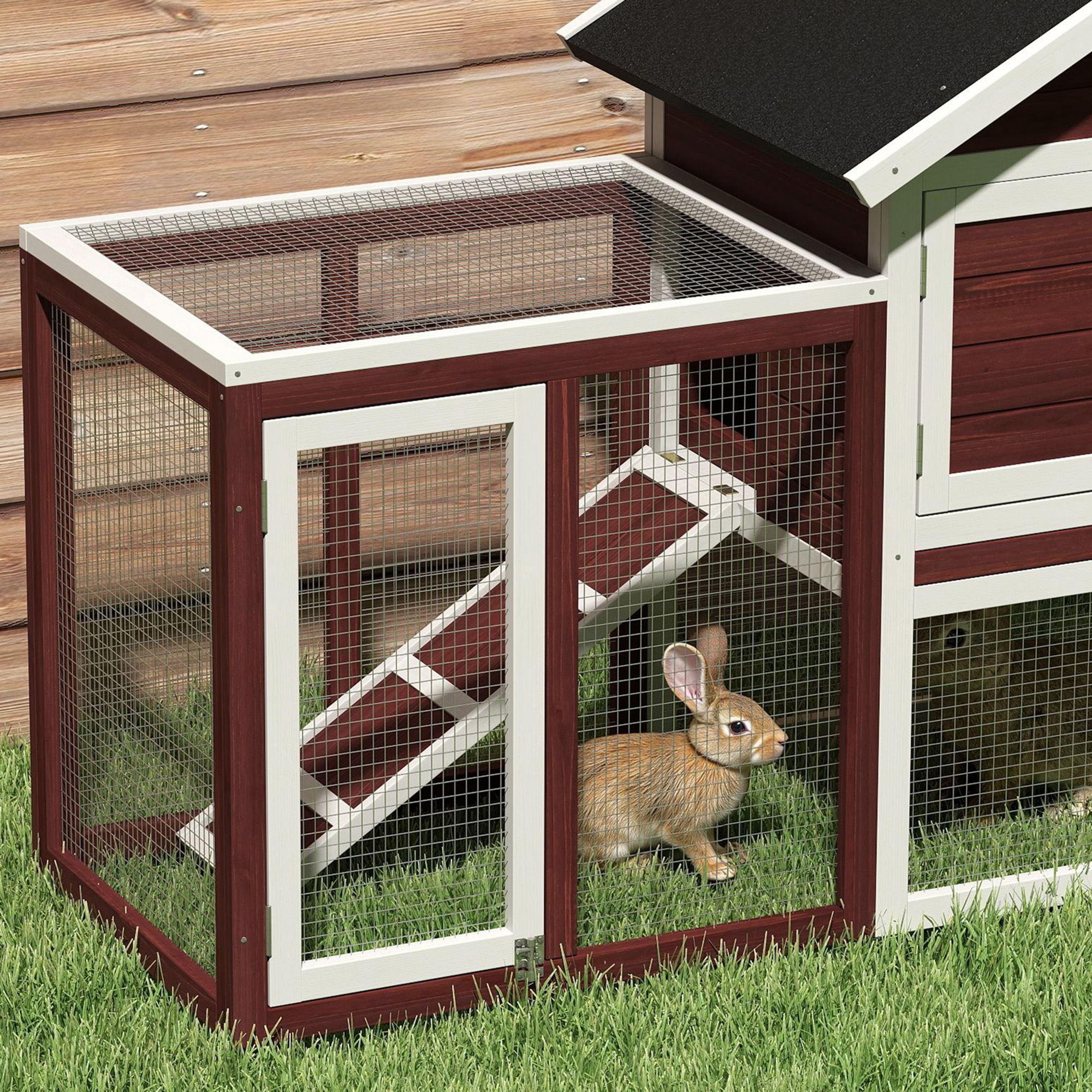 49" Wooden Rabbit Hutch Bunny Cage with Waterproof Asphalt Roof, Fun Outdoor Run, Removable Tray and Ramp, for Rabbits, Chickens, Ducks, Brown — imagen 7