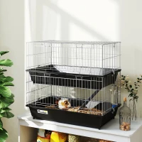 PawHut 2-Tier Small Animal Cage With 2 Doors, Trays, Dish, Bottle, And Ramp For Bunny, Ferret, Chinchilla, Black — imagen 10