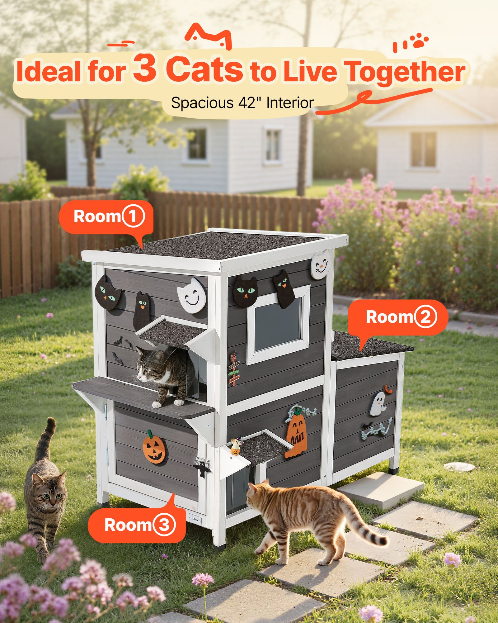 Casa de Perro al Aire Libre 2 Niveles, Refugio de Madera para 3 Gatos Exteriores en Invierno, Alcoba con Escaleras para Gatos Ferales con Ventanas Claro y Puertas de Velo, Condominios de Gatos Impermeables para Jardín 42 × 25 × 34 Pulgadas — imagen 4
