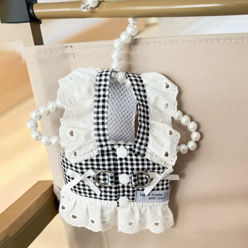 Ropa para perros: Falda de encaje estilo pastoral, chaleco negro a cuadros, vestidos para cachorros, chaleco universal con tracción, vestido retro de princesa — imagen 3