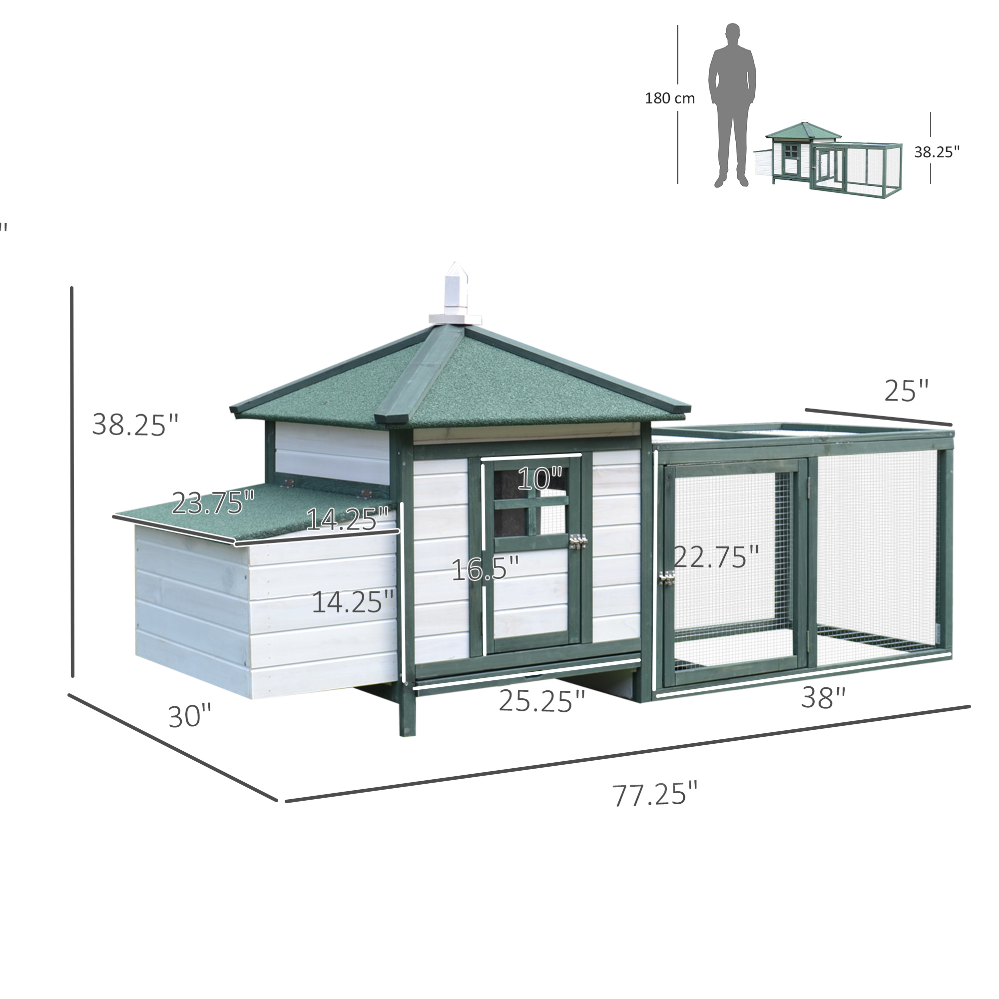 77" Wooden Chicken Coop Hen House Poultry Cage With Weatherproof Roof, Nesting Box, Enclosed Run And Removable Tray For Outdoor Backyard, Green — imagen 4
