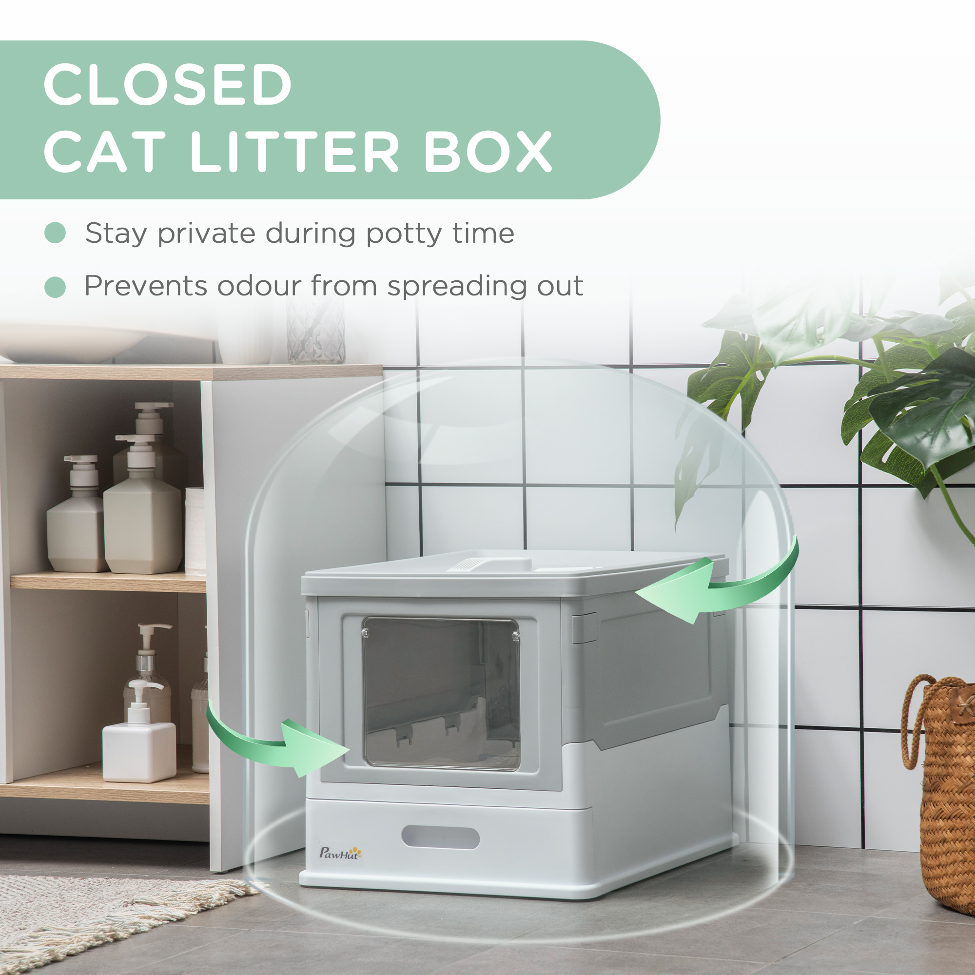 Fully Enclosed Cat Litter Box with Front Entry and Top Exit, Plastic, Gray & White — imagen 7
