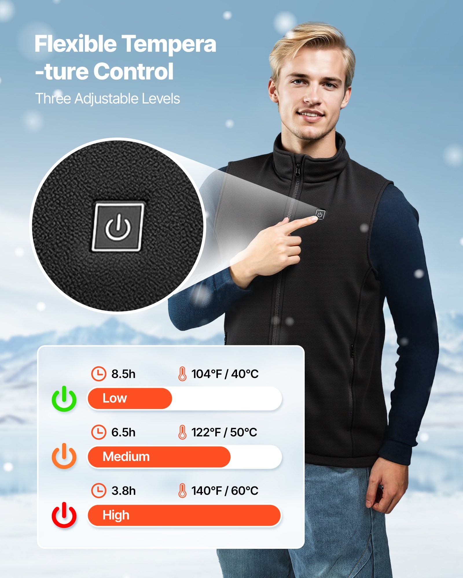 Vestido Calentador para Hombres, 16000 mAh, 6 Zonas de Calor, Invernadero Ligero con 3 Niveles, Para Caminatas, Camping, Pesca, Esquí Tamaño L — imagen 3