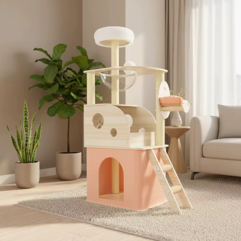 Poste de rascado para gatos, gran árbol de gato con casa, marco de escalada de madera, árbol de flores interactivo, mobiliario para gatos — imagen 1
