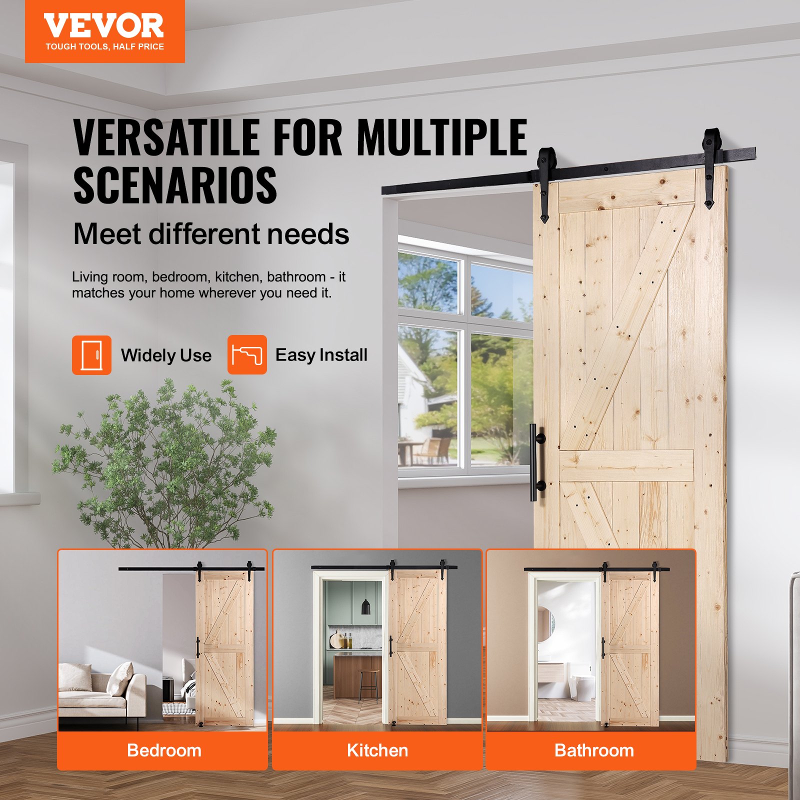 Kit de Puerta de Granja y Accesorios, 30" x 84", Puerta de Granja de Madera con Rodamiento Suave y Silencioso, Conjunto con Guía de Piso 8-en-1 y Manija, Tablero de Panel de Abeto de Alta Calidad, Fácil de Instalar — imagen 3