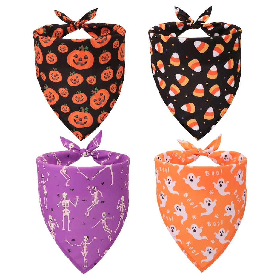 Dog Bandanas 4 PCS, Skeleton Ghost Pumpkin Pet Scarves For Dogs, Adjustable Triangle Bibs, Large — image 1