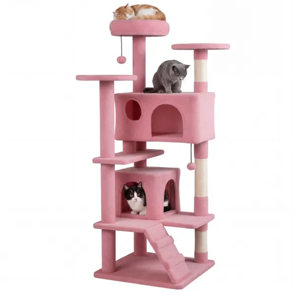 52" Tall Cat Tree Tower With Perches & Condos, Multi-Cat Playground With Scratching Posts (Pink) — image 3