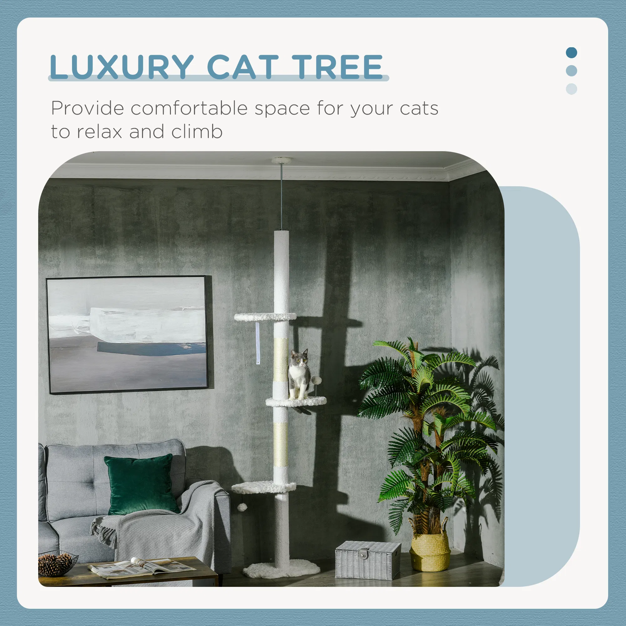 88.5"-100.5" Floor to Ceiling Cat Tree, Cat Tower with Scratching Posts, Cloud Shaped Platforms, Dangling Balls, White — image 3