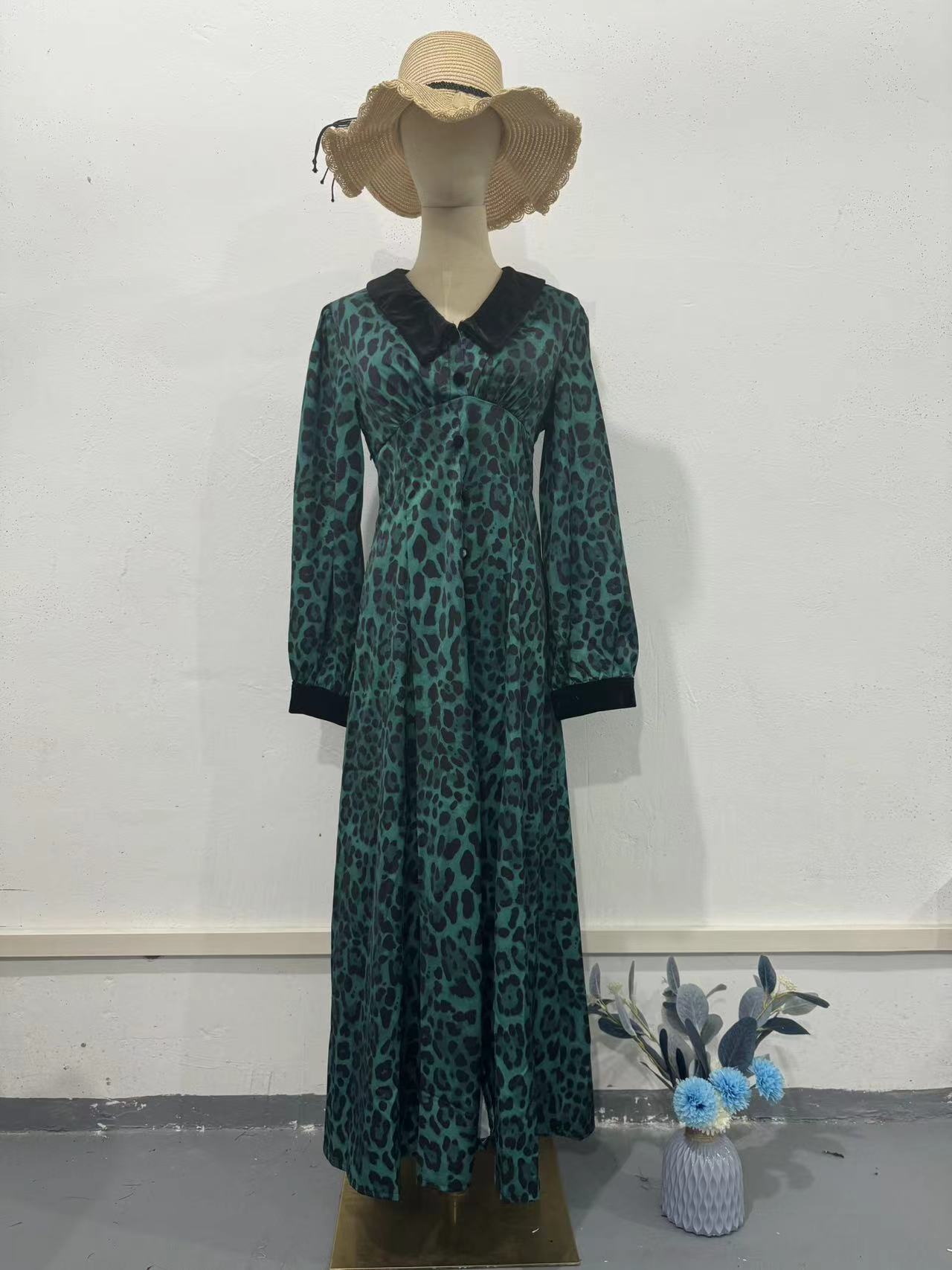 Chic Fitted Waist Leopard Print Long Dress, Printed Slimming Dress Fashion Spring — image 7