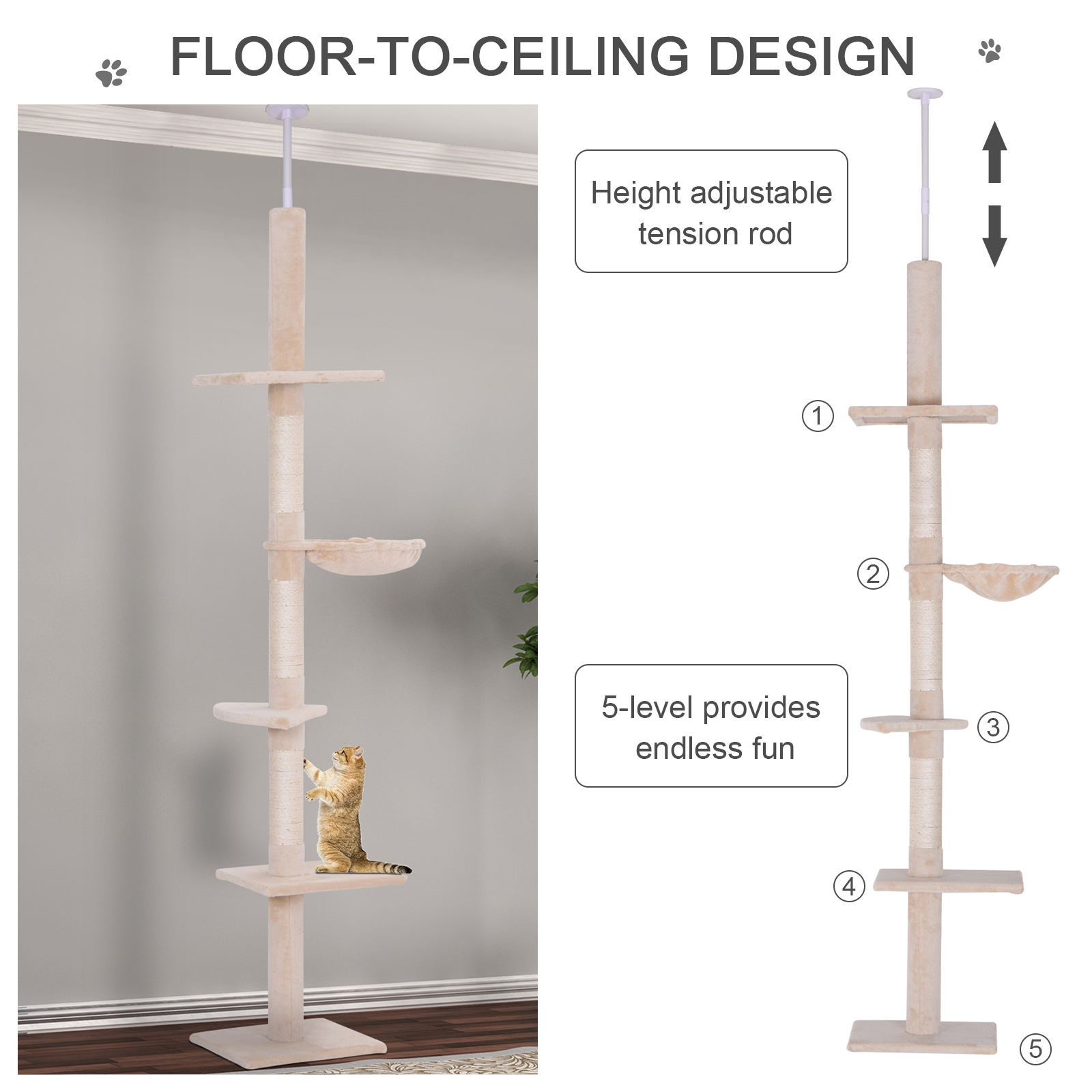 Árbol de Gatos Ajustable de 102" de Alto, 5 Niveles con Postes para Rasgar y Hamaca en Beige — imagen 2