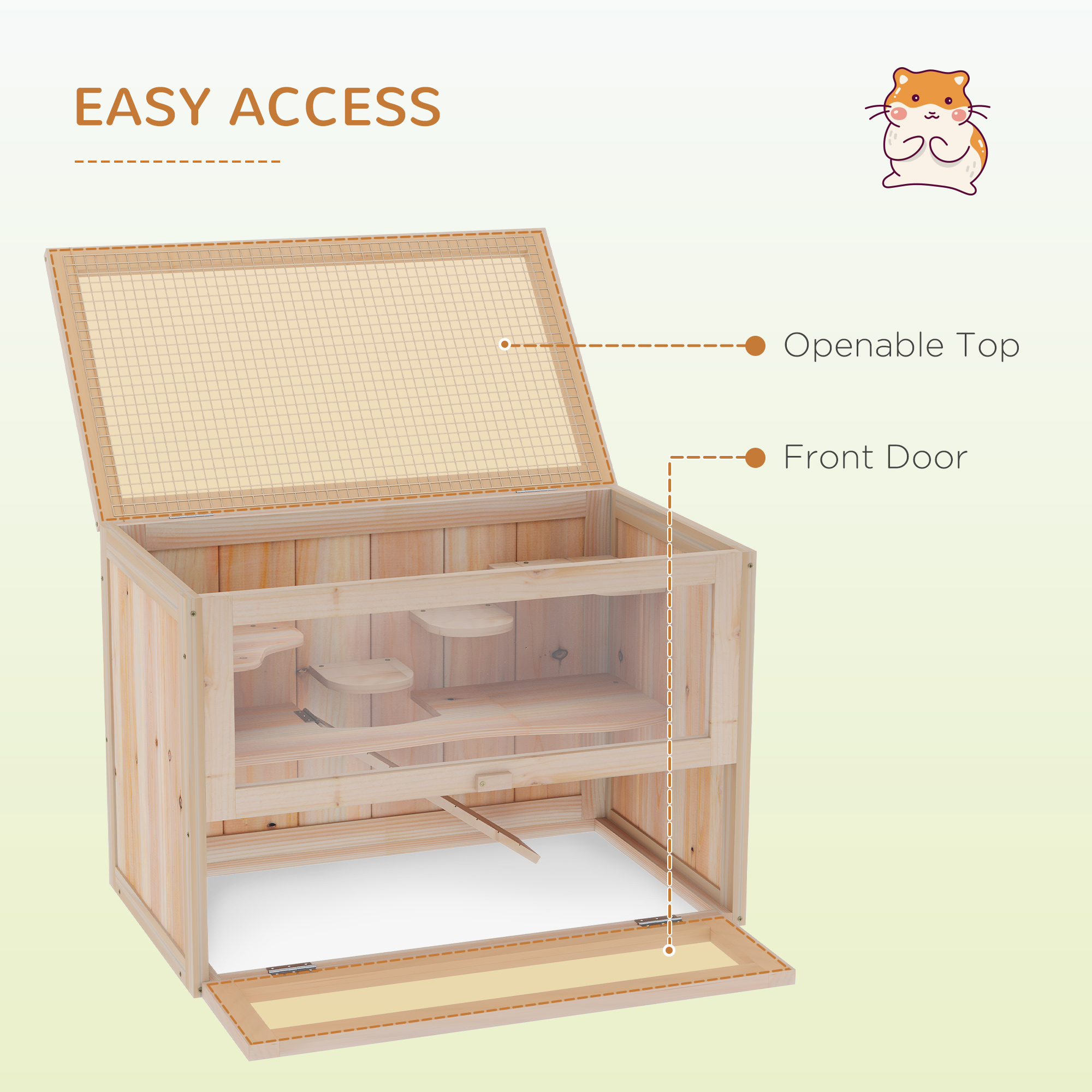Jaula para Hámster de 2 Niveles, Casa para Ratones y Ratas, Hábitat para Animales Pequeños para Cobayas y Chinchillas con Techo Abatible, Puerta Frontal, Estante y Escalera, Natural — imagen 5